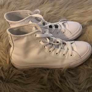 All white leather converse high tops